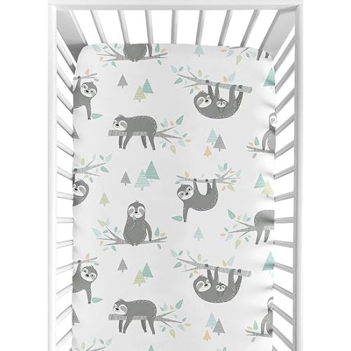 Sweet Jojo Designs Blue and Grey Jungle Sloth Leaf Unisex Boy or Girl Baby or Toddler Nursery Fitted Crib Sheet - Turquoise, Gray and Green Botanical Rainforest