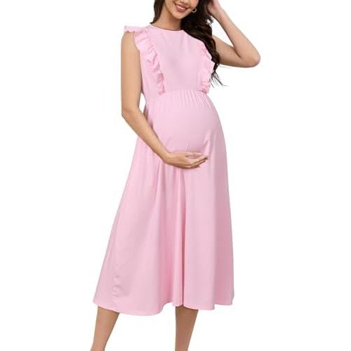 OUGES Womens 2025 Spring Hidden Zipper Nurisng Dress for Breastfeeding Casual Sleeveless Ruffled Midi Maternity Dress