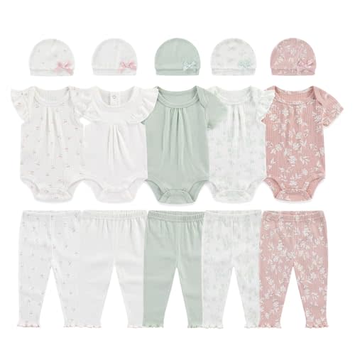 BABYSOLIS 0-12 Months Unisex Baby Pants Sets New born Bodysuit and Hats 15 Pack Boy Girl Infant Comfort Outfit Clothes