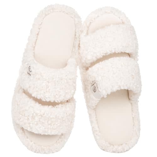 EverFoams Women's Fuzzy Open Toe Slippers Memory Foam Indoor House Shoes | Machine Washable,Anti-slip,Open-Toe,Vegan,Breathable,Double Strap Design