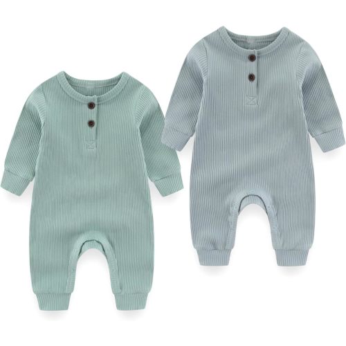 Baby Boy Girl Romper 2 Pack Long Sleeve Button Jumpsuit Cotton Unisex Infant Baby Clothes for 0-24 Months