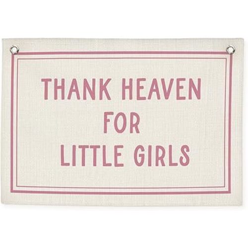 CEBTHN Girls Nursery Decor – Thank Heaven for Little Girls Linen Banner, Pink Baby Shower Decoration Gift, Vintage Canvas Wall Hanging, Baby Girl Room Decoration, 20x30 Inch