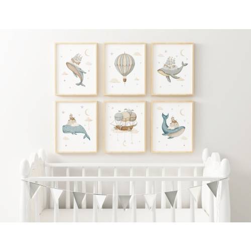 Hot Air Balloon Boat Whale Printed Whale art print boy Watercolor Printed and shipped printed on high archival paper Set of 6 WD5-A6