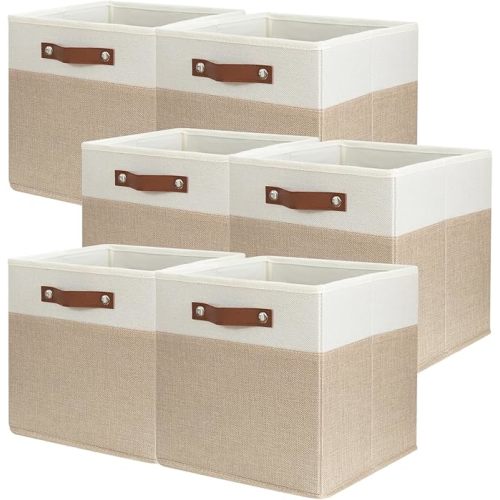 SNWDN 6 Pack Fabric Storage Baskets for Organizing Collapsible Fabric Storage Bins with Handles for Home and Office Organizing (White/Beige 11x11x11 Inches)