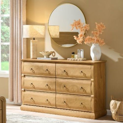 52'' Dresser for Bedroom, 6 Drawer Chest of Drawers, Modern Vintage Storage Organizer for Living Room, Hallway, Closet, Natural