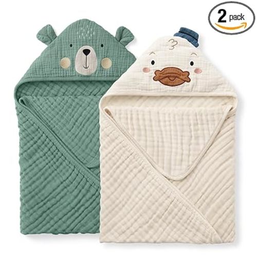 Blissful Diary Muslin Baby Hooded Towel 2 Pack, Soft & Absorbent Bath Towel for Infant, Toddler, Unisex, Baby Gift, Newborn Essentials, Bear & Duck