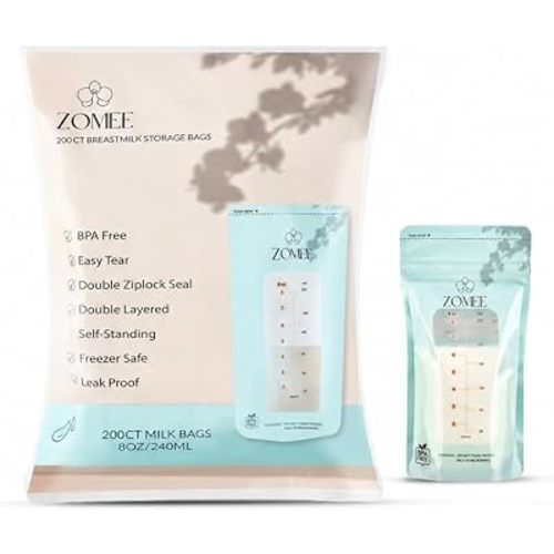 Zomee 8oz Breast Milk Storage Bags 200ct, Leakproof, BPA-Free, Freezer Safe