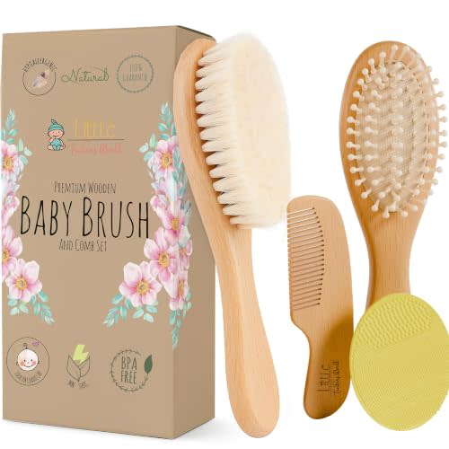 Little Tinkers World Wooden Baby Hair Brush and Comb Set, 4-Piece | Natural Wooden Set with Soft Goat Hair Bristle Brush, Beech Wood Massage Brush, Maple Wood Comb & Soft Silicone Scalp Brush