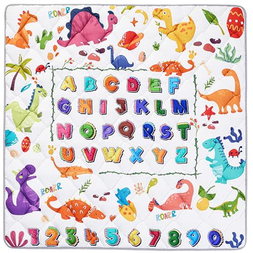 Baby Play Mat for Floor - MORAIS 50x50 Inch with 800g Cotton Filling Thickened Crawling Mat for Playpen, Cushioned Playpen Mat with Anti-Slip Bottom and Animal Alphabet (Dinosaur Land)