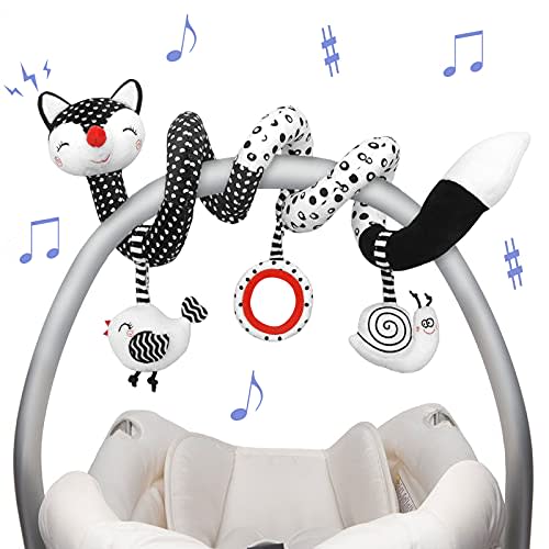 Euyecety Baby Toys Spiral Plush, Black and White Car Seat Toys Stroller Toys Spiral Activity Toy, Hanging Rattle Toys for Crib Mobile, Newborn Sensory Toy Best Gift for 0 3 6 9 12 Months Baby-Fox