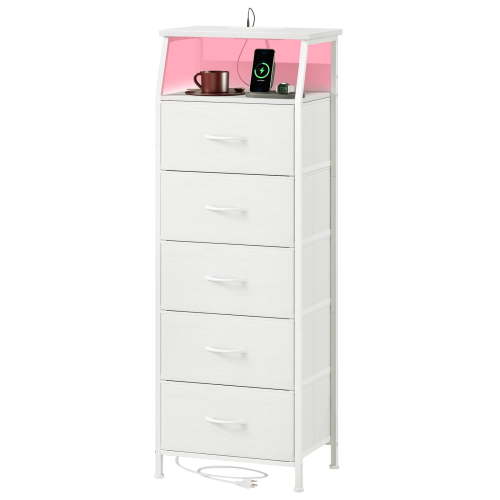 Eunos White Tall Nightstand with Charging Station and LED for Bedroom, 5 Drawer with Storage Shelfs