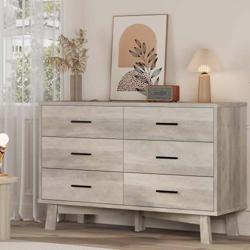 FANRAL 6 Drawer Dresser for Bedroom,Wood Modern Chest of Drawers with X-Shaped Sturdy Base,Gray Dresser