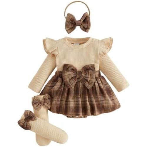 Giraropa Newborn Baby Girl Plaid Flannel Ruffle Long Sleeve Romper Dress