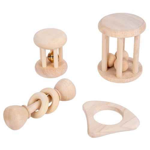 4PCS Baby Wooden Toy,Wooden Rattle Toy,Wooden Montessori Toy for Newborn