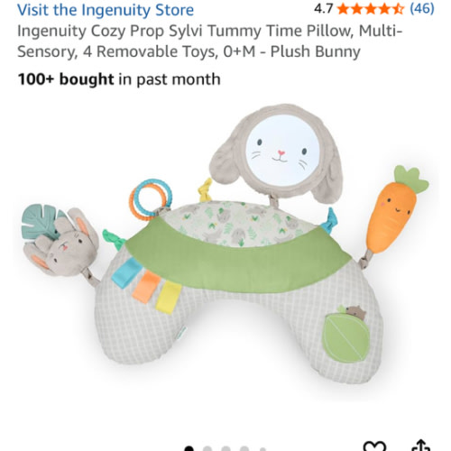 Ingenuity Cozy Prop Sylvi Tummy Time Pillow​, Multi-Sensory, 4 Removable Toys, 0+M - Plush Bunny
