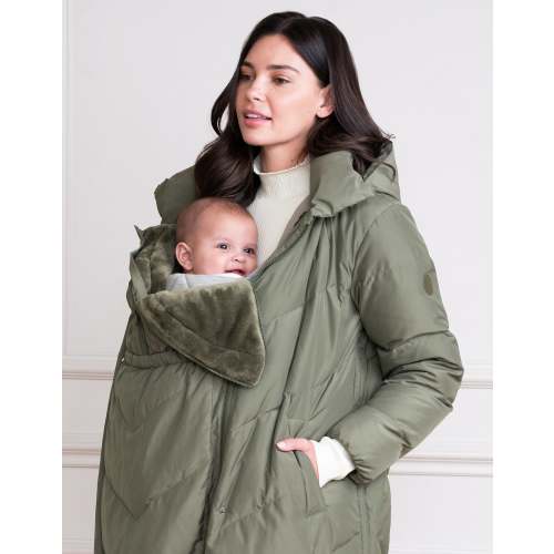 Long Khaki Maternity & Babywearing Puffer Coat | Seraphine