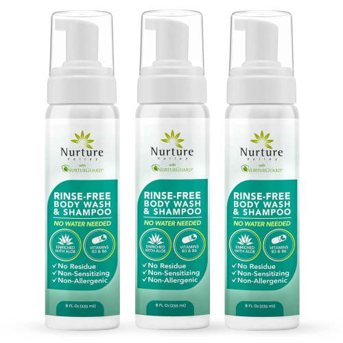 Nurture Rinse Free Body Wash & Shampoo, Hospital Grade Waterless Cleansing Foam for Hair & Body, Ideal for Sensitive Skin, Women, Elderly, 3 Pack