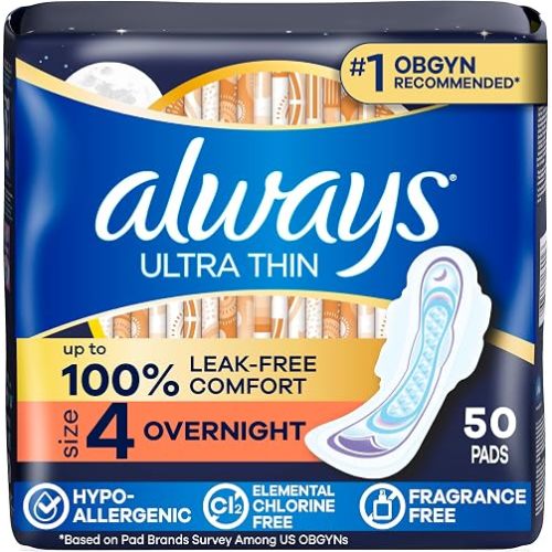 Always Ultra Thin Feminine Pads with Wings for Women, Size 4, Overnight Absorbency, Unscented, Up to 100% Leak-Free Comfort, 50 Count