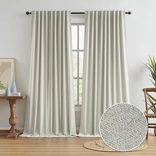 Linen Full Blackout Curtains for Living Room, Farmhouse Rustic Textured Back Tab Vertical Blinds Drapes for Country Villa Cabana, 2 Panels, 72 Inch Wide x 108 Inches Long 9FT, Greyish Beige
