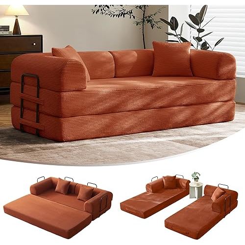 79" Convertible Sofa Bed with Fixed-Shape Frame & Removable Armrests, Modular Corduroy Sleeper Sofa, Folding Mattress Couch for Small Spaces - No Assembly Needed in Orange (Includes 2 Pillows)
