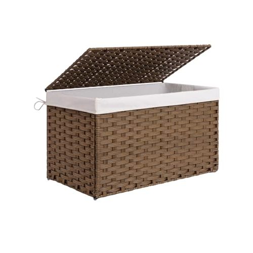 StorageWorks Storage Basket with Lid, 160 Liter Storage Box, Wicker Blanket Storage Basket with Handles, Foldable, Removable Fabric Liner, Metal Frame, For Bedroom, Laundry Room, Brown
