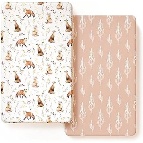 Stretch Ultra Soft Jersey Knit Fitted Crib Sheets Set 2 Pack，Fits All Standard Crib Mattress Pads Safe and Snug, Crib Fitted Sheet for Baby, Pretty Fox for Girls
