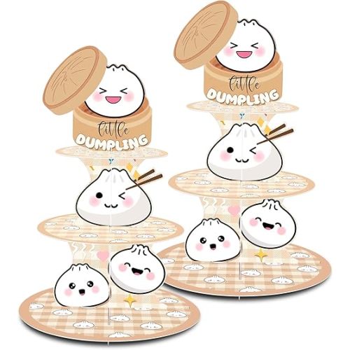 2 Pcs Little Dumpling 3-Tier Cupcake Stand – Cute Dumpling & Steamer Basket Design Cardboard Dessert Tower for Baby Shower, Birthday Party, Asian Food Theme Decorations