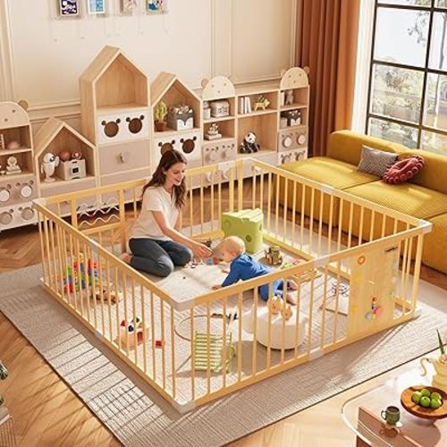 Xilingol Wooden Baby Playpen with Locking Gate, Extra Large Playpen for Babies and Toddlers, Size Adjustable Activity Center for Children, Indoor Wooden Play Pen, Play Fence 63” × 63”× 24”