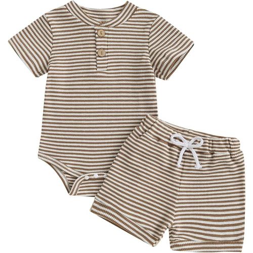 VISGOGO Newborn Infant Boy Summer Outfit Baby Boy Shorts Set Striped Letter Embroidery Romper Short Sleeve Bodysuit Clothes