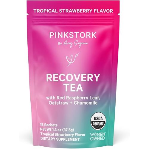 Pink Stork Postpartum Recovery Herbal Tea, Organic Red Raspberry Leaf with Chamomile, Hormone Balance for Women After Labor and Delivery, Strawberry Passion, Hot or Iced, Caffeine-Free, 15 Sachets