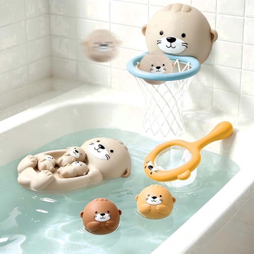 Ribeijess Baby Bath Toys for Toddlers Ages 1-3,Pool Basketball Hoop 2 Animal Sensory Balls & Fish Net,Otter Floating Water Toys for Kids Boy Girl