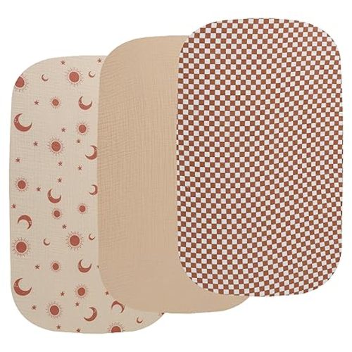 Onacosht Muslin Bassinet Sheets 3 Pack, 100% Cotton Baby Fitted Sheet 33" x 19" Compatible with Mika Micky, KoolaBaby (3 in 1), BabyBond, HARPPA and RICUTON Bedside Bassinet, Checker and Sun Moon