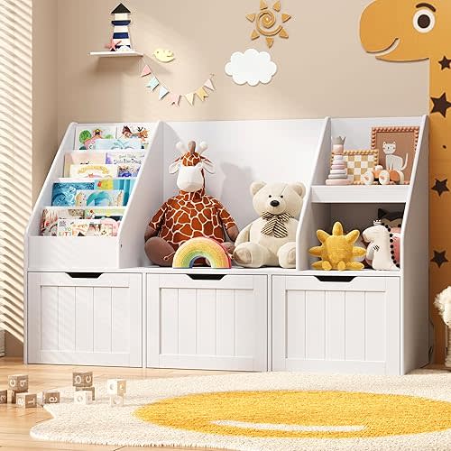 Gizoon Kids Bookshelf with Reading Nook, Kids Toy Storage Organizer with 3 Movable Drawers, Kids Reading Nook with Bench for Kidsroom Playroom and Bedroom, White
