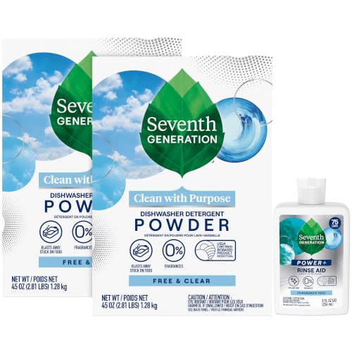 Seventh Generation Dishwasher Detergent Powder + Rinse Aid, Free & Clear | Dish Detergent 2-Pack + Power+ Rinse Aid | Biodegradable, Plant-Based & Chlorine-Free, Septic Safe Dishwashing Supplies