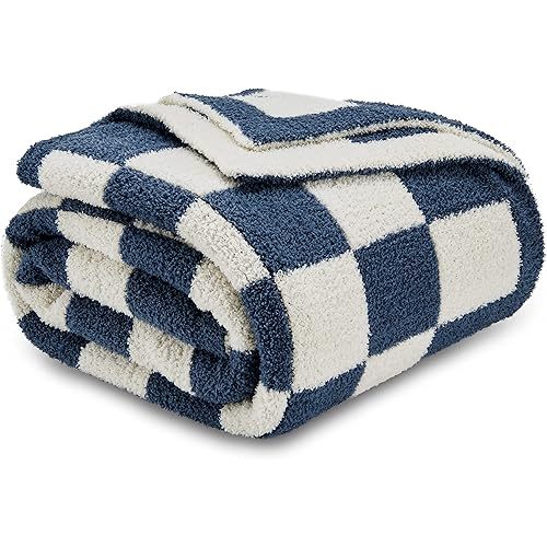 CozeCube Checkered Blanket, Ultra Soft Cozy Blue and White Throw Blanket, Warm Cozy Knit Fuzzy Plush Checkerboard Throw for Couch Bed Sofa, 50"x60"