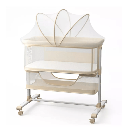 Biege - Baby 3-in-1 Bassinet Bedside Sleeper with Adjustable Height, Mosquito Net and Wheels