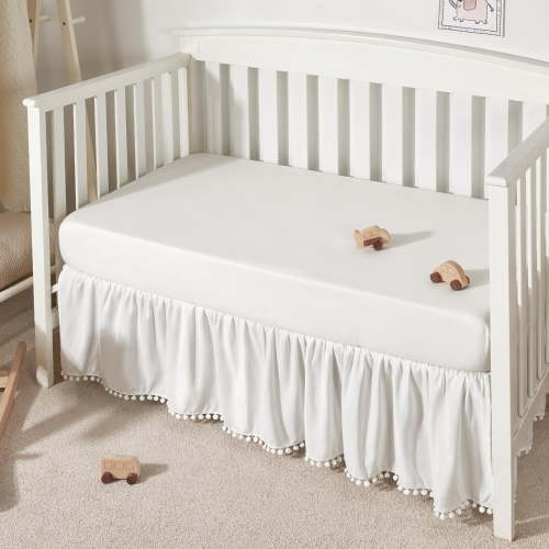 Baby Crib Skirt Girls Boys, Ruffled Bed Skirt with Pompoms, 28”x 52”, 14'' Drop, White