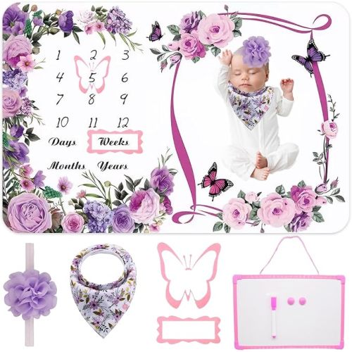Milestone Blanket for Baby Girl (Purple 60x40 Inches), with Photo Aid Frame, Saliva Towel, Erasable Writing Board, Hair Band, Documenting Growth。