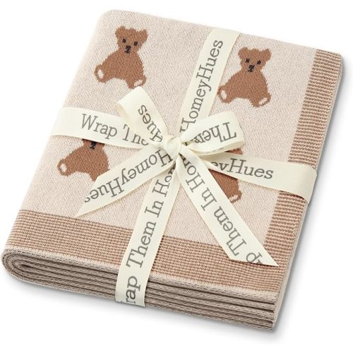 Organic Cotton Baby Blanket - Soft Luxury Knit Receiving Blanket for Newborns & Toddlers, Cozy Breathable Stroller Blanket with Pattern, Unisex, 30x40Inch(Bear-Khaki)