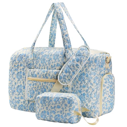 Quilted Floral Duffel Bag 2 Pack Weekender with Shoe Compartment | Women’s Overnight Hospital Bag for Labor Delivery, Travel Carry On Duffel with Toiletry Pouch for Gym & Weekend Getaway