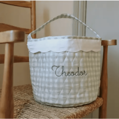 Quilted Storage Basket - Green Gingham