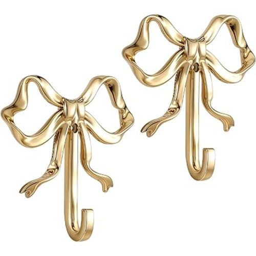 Gold Bow Knot Hooks, 2.55 x 2.75 Inch Cute Butterfly Wall Hook, Gold Coat Hook, Metal Hooks, Bow Room Decor for Coats, Bows Wall Decor for Living Room Bathroom Bedroom Shower Curtain