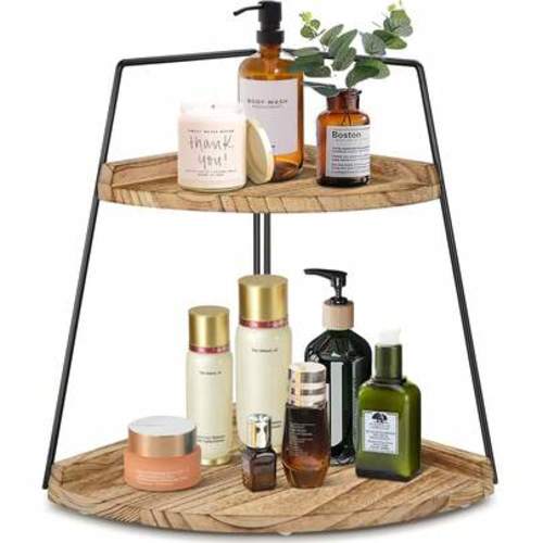 2 Tier Corner Storage Shelf Counter Standing Rack, Bathroom Counter Organizer, Wood Bathroom Organizer Countertop, Cosmetic Vanity Tray Kitchen Spice Rack, Bathroom Storage Decor | SHEIN USA
