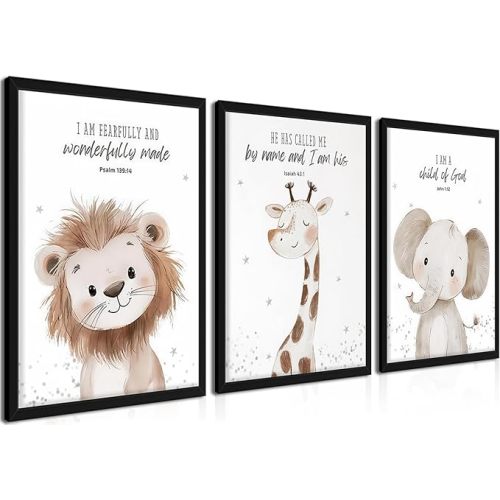 Framed Nursery Wall Art Set of 3, Kids Bible Verse Animal Canvas Wall Decor Paintings, Cute Safari Christian Pictures Posters Prints for Boys Room Bedroom Playroom Decor 12x16 Inch