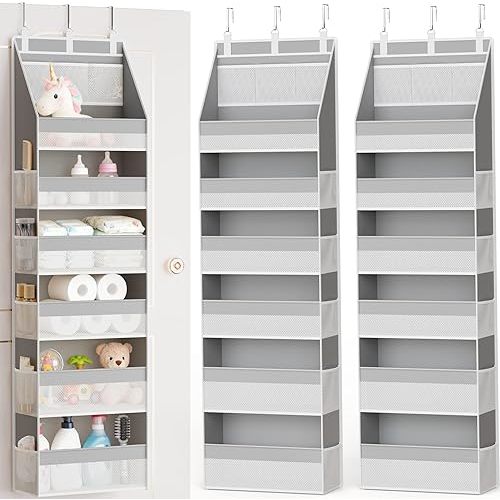 Criusia 2 Pack Over The Door Organizer, Heavy-Duty 6-Shelf Hanging Storage with 13 Mesh Pockets, 55lbs Capacity Behind The Door Storage for Nursery, Bathroom, Bedroom, and Dorm, Grey