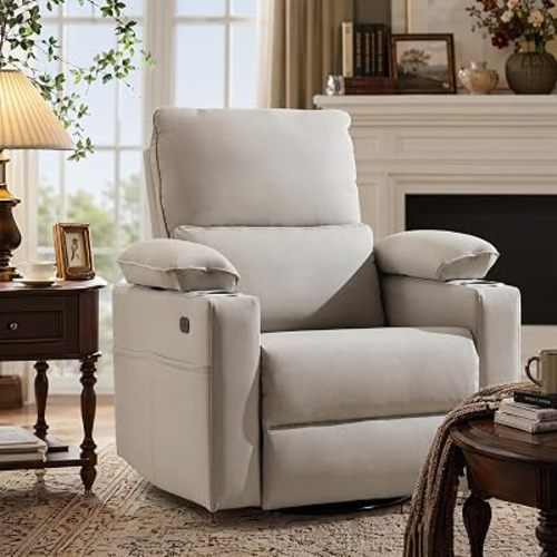 270° Swivel Rocker Recliner with Adjustable Armrests,Oversized Power Nursery Recliner with Heating and Massgae,Rocking Chair Nursery with One-Touch Reset,Double Cup Holder,Faux Leather,Grey