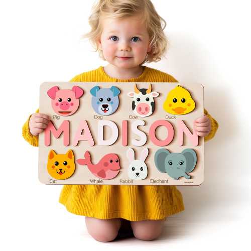 Custom Handmade Name Puzzle with Animals, Personalized Birthday Gift for Kids, Christmas Gifts for Toddlers, Unique New Baby Gift, Wood Toy
