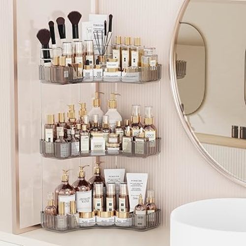 3-Tier Corner Bathroom Counter Organizer with Top Toothbrush Holders,Large Makeup Organizer Countertop with Brush Holder,Skincare Organizers Corner,Exquisite Vanity Organizer (Gray, 3 Tier)