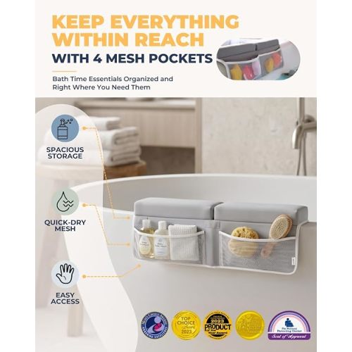 Comfortable Baby Bath Kneeler and Elbow Rest Pad Set – Thick Memory Foam Bath Kneeling Pad with Elbow Support – Baby Bathtub Cushion with Toy Organizer for Bathing Infant or Toddler - Grey