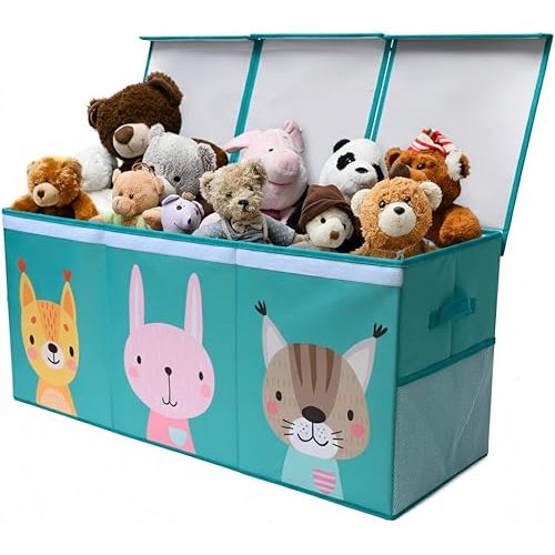 Extra Large Toy Storage Organizer with Lid - Sturdy, Collapsible Toy Chest Storage Box with Cute Design - Toys Bin with Dividers for Kids, Boys, Girls, Nursery, Bedroom, Play room 37"x16"x14"